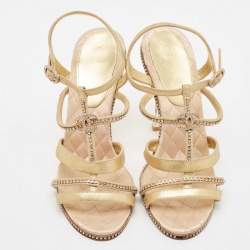 Pre Owned Chanel Gold Textured Suede Crystal Embellished CC Strappy Sandals Size 39