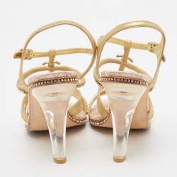 Pre Owned Chanel Gold Textured Suede Crystal Embellished CC Strappy Sandals Size 39
