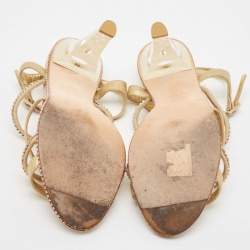 Pre Owned Chanel Gold Textured Suede Crystal Embellished CC Strappy Sandals Size 39