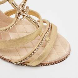 Pre Owned Chanel Gold Textured Suede Crystal Embellished CC Strappy Sandals Size 39