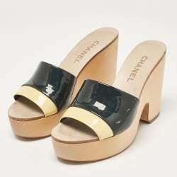 Chanel Black/Yellow  Patent Leather Slide Sandals Size 38.5