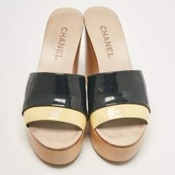 Chanel Black/Yellow  Patent Leather Slide Sandals Size 38.5