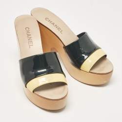 Chanel Black/Yellow  Patent Leather Slide Sandals Size 38.5