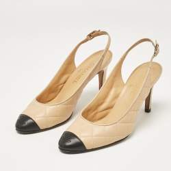 Pre Owned Chanel Beige/Black Leather Slingback Pumps Size 37