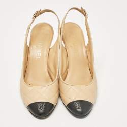 Pre Owned Chanel Beige/Black Leather Slingback Pumps Size 37