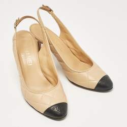 Pre Owned Chanel Beige/Black Leather Slingback Pumps Size 37