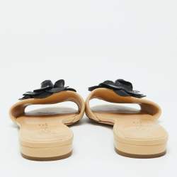 Chanel Cream/Black Leather CC Camellia Embellished Flat Sandals Size 38.5