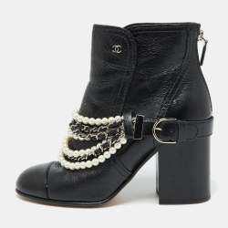 Chanel Black Leather Pearl Embellished Ankle Length Boots Size 39