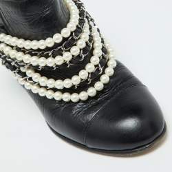 Chanel Black Leather Pearl Embellished Ankle Length Boots Size 39