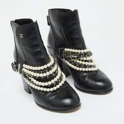 Chanel Black Leather Pearl Embellished Ankle Length Boots Size 39