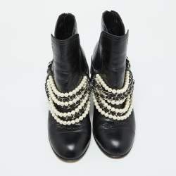 Chanel Black Leather Pearl Embellished Ankle Length Boots Size 39