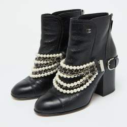 Chanel Black Leather Pearl Embellished Ankle Length Boots Size 39