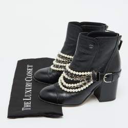 Chanel Black Leather Pearl Embellished Ankle Length Boots Size 39