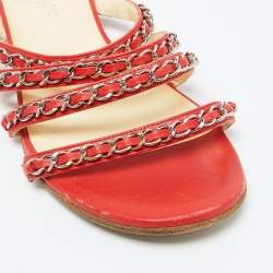 Chanel Red Leather Chain Link Detail Strappy Flat Sandals Size 39.5