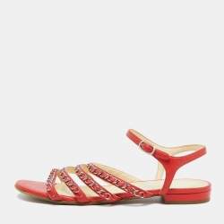 Chanel Red Leather Chain Link Detail Strappy Flat Sandals Size 39.5