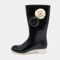 Chanel Black Rubber Camellia Embellished CC Rain Boots Size 39
