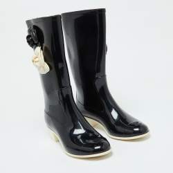 Chanel Black Rubber Camellia Embellished CC Rain Boots Size 39
