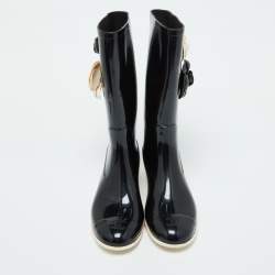 Chanel Black Rubber Camellia Embellished CC Rain Boots Size 39