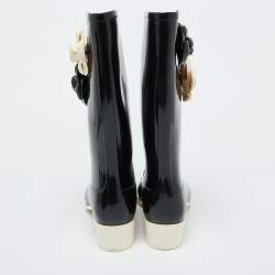 Chanel Black Rubber Camellia Embellished CC Rain Boots Size 39