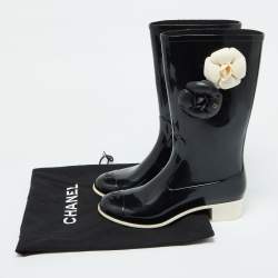 Chanel Black Rubber Camellia Embellished CC Rain Boots Size 39