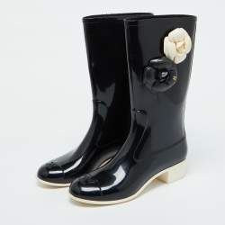 Chanel Black Rubber Camellia Embellished CC Rain Boots Size 39