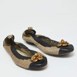 Chanel Gold Suede CC Metal Camellia Ballet Flats Size 40
