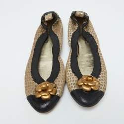 Chanel Gold Suede CC Metal Camellia Ballet Flats Size 40