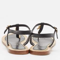 Pre Owned Chanel Black Leather CC Chain Link Thong Flat Sandals Size 39.5