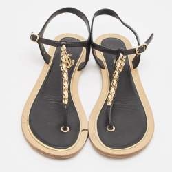 Pre Owned Chanel Black Leather CC Chain Link Thong Flat Sandals Size 39.5