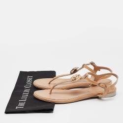 Chanel Beige Patent Leather CC Camellia Thong Flat Sandals Size 39.5