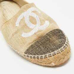Pre Owned Chanel Beige Raffia CC Cap Toe Espadrille Flats Size 40