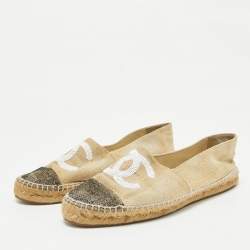 Pre Owned Chanel Beige Raffia CC Cap Toe Espadrille Flats Size 40