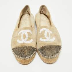 Pre Owned Chanel Beige Raffia CC Cap Toe Espadrille Flats Size 40