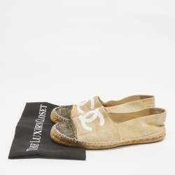 Pre Owned Chanel Beige Raffia CC Cap Toe Espadrille Flats Size 40