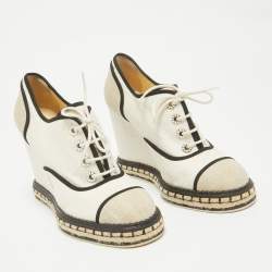Pre Owned Chanel White/Beige Canvas Wedge Sneakers Size 39.5