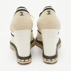 Pre Owned Chanel White/Beige Canvas Wedge Sneakers Size 39.5