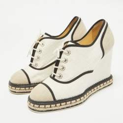 Pre Owned Chanel White/Beige Canvas Wedge Sneakers Size 39.5