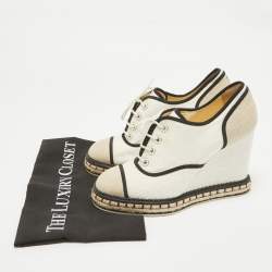 Pre Owned Chanel White/Beige Canvas Wedge Sneakers Size 39.5