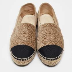 Pre Owned Chanel Beige/Black Canvas and Velvet Espadrille Flats Size 40