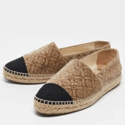 Pre Owned Chanel Beige/Black Canvas and Velvet Espadrille Flats Size 40