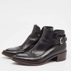 Pre Owned Chanel Black Leather and Patent Ankle Length Boots Size 37.5