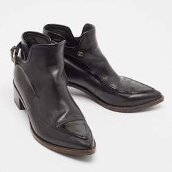 Pre Owned Chanel Black Leather and Patent Ankle Length Boots Size 37.5