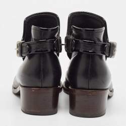 Pre Owned Chanel Black Leather and Patent Ankle Length Boots Size 37.5