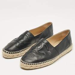 Pre Owned Chanel Black Leather CC Cap Toe Espadrille Flats Size 38