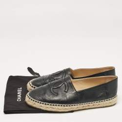 Pre Owned Chanel Black Leather CC Cap Toe Espadrille Flats Size 38