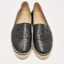 Pre Owned Chanel Black Leather CC Cap Toe Espadrille Flats Size 38