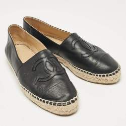 Pre Owned Chanel Black Leather CC Cap Toe Espadrille Flats Size 38