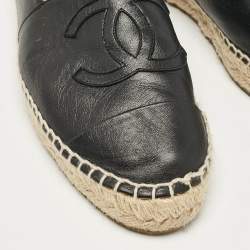 Pre Owned Chanel Black Leather CC Cap Toe Espadrille Flats Size 38