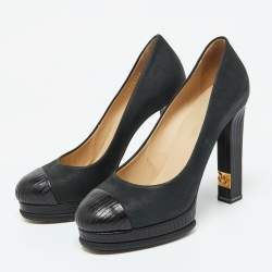 Chanel Black Leather Cap Toe Platform Pumps Size 39.5