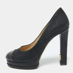 Chanel Black Leather Cap Toe Platform Pumps Size 39.5